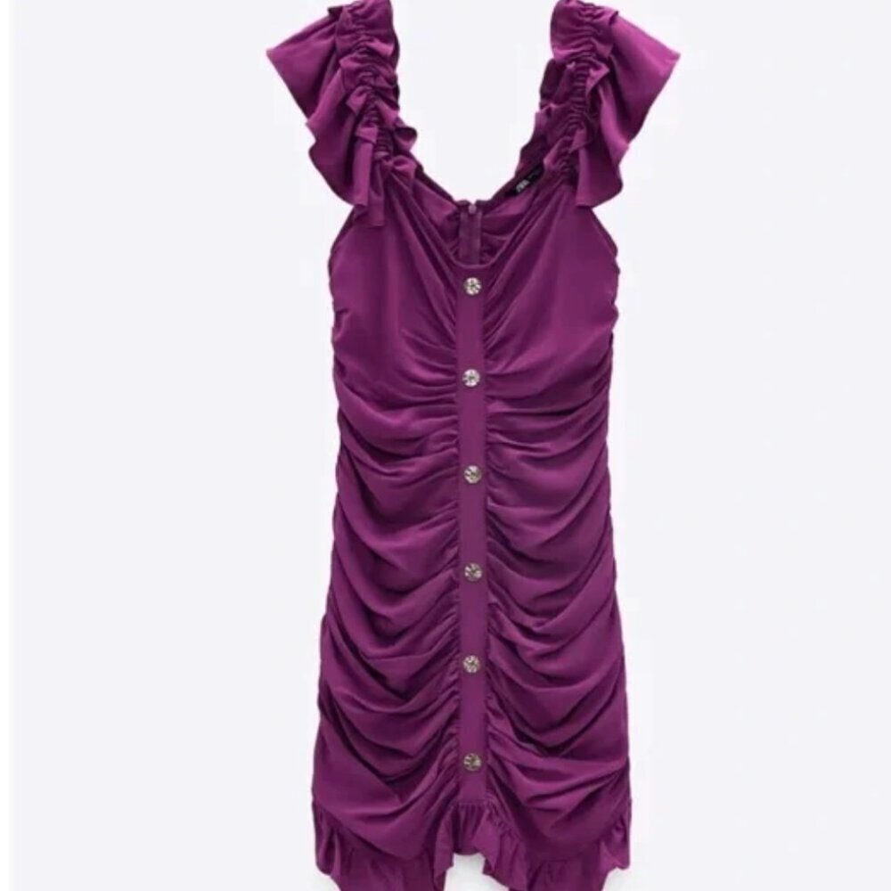 Zara Purple Ruched Ruffle Mini Dress -Sizes S,M NEW WITH TAG! - Picture 11 of 11